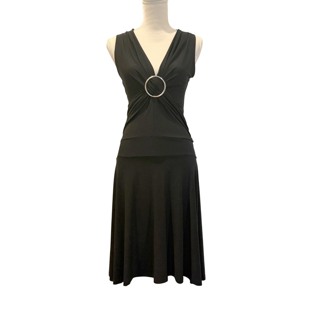VTG Chesley Womens S Black Ring Detail Midi Dress 90s Minimalist LBD Going Out